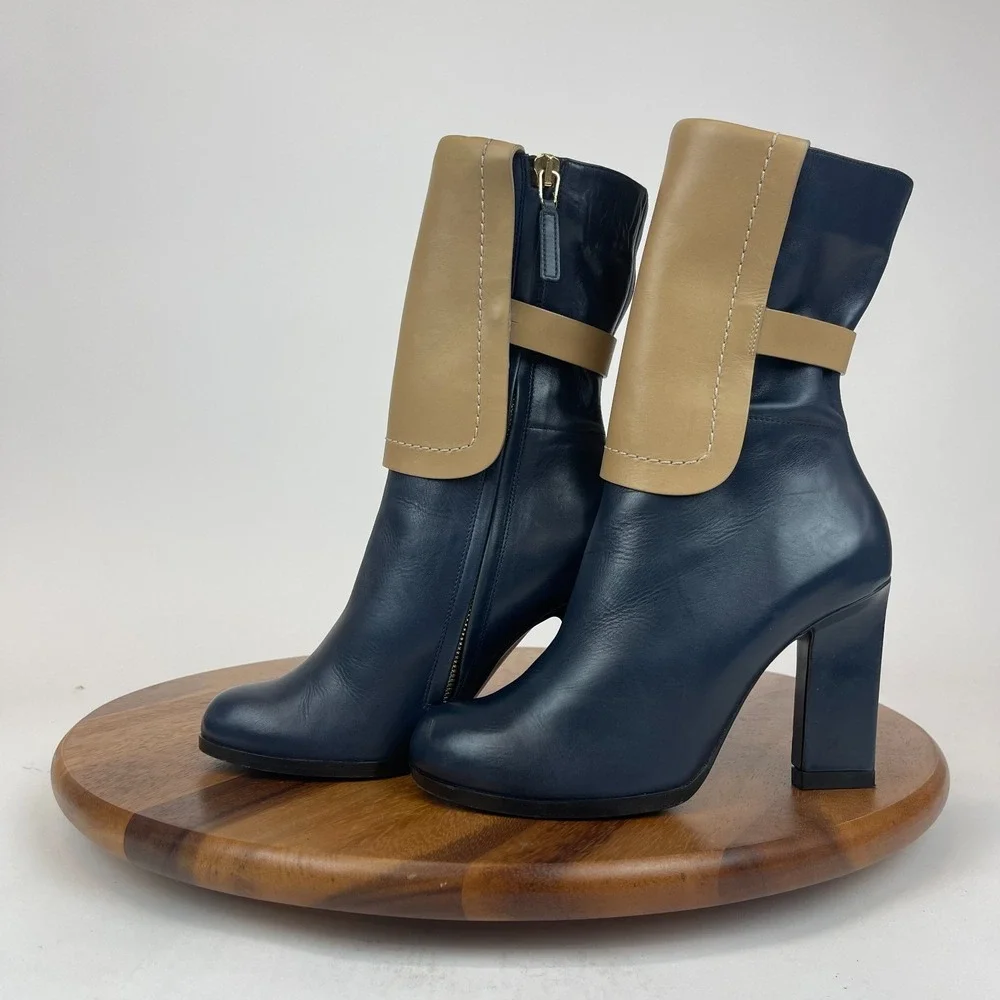 Womens‎ Jil Sander Blue Brown Leather Heeled Ankle Booties Boots Size 35 US 5 M